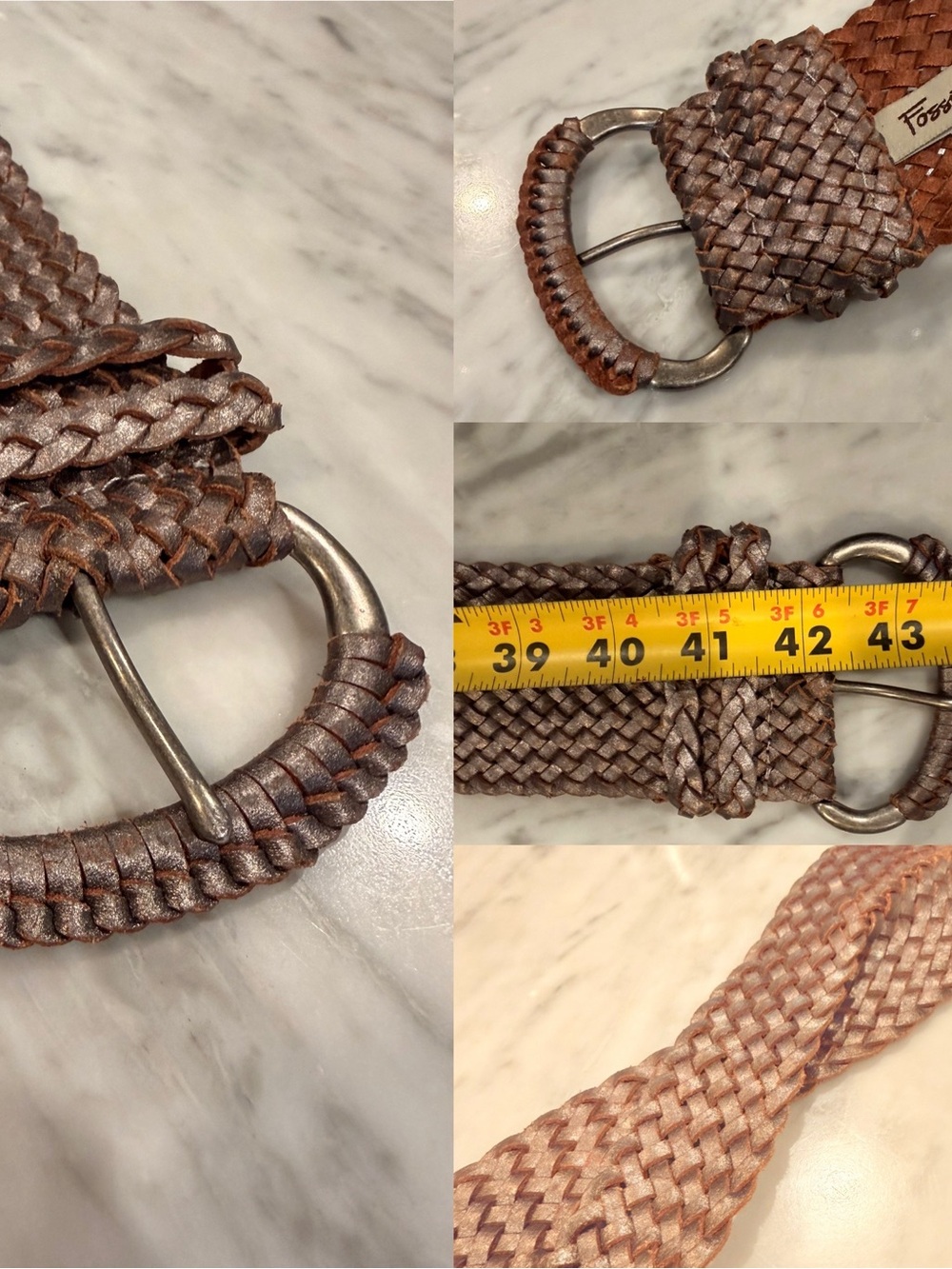 New FOSSIL Woven Leather waist Belt in Taupe Metallic Sz M L one size